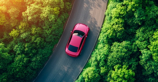 Vista aérea de um carro cor-de-rosa escuro a circular numa estrada rodeada por uma floresta verde