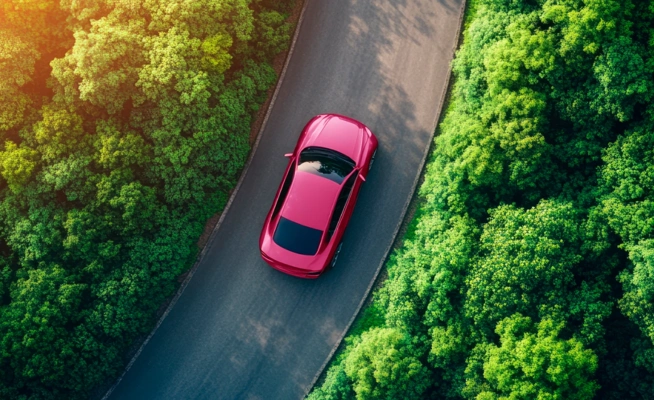 Vista aérea de um carro cor-de-rosa escuro a circular numa estrada rodeada por uma floresta verde
