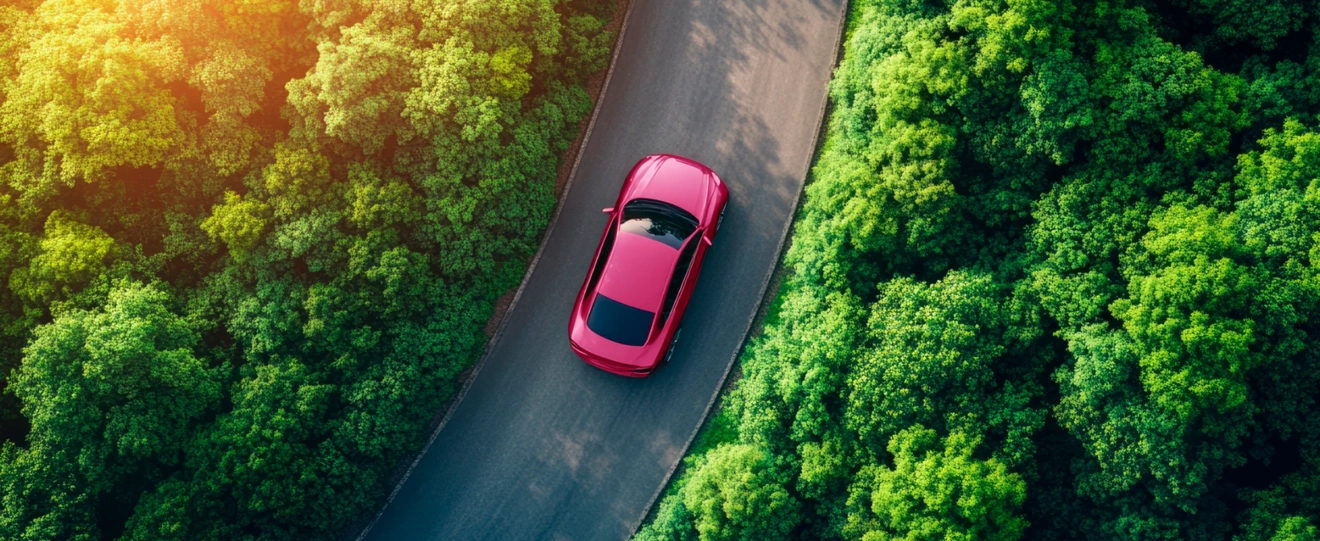 Vista aérea de um carro cor-de-rosa escuro a circular numa estrada rodeada por uma floresta verde
