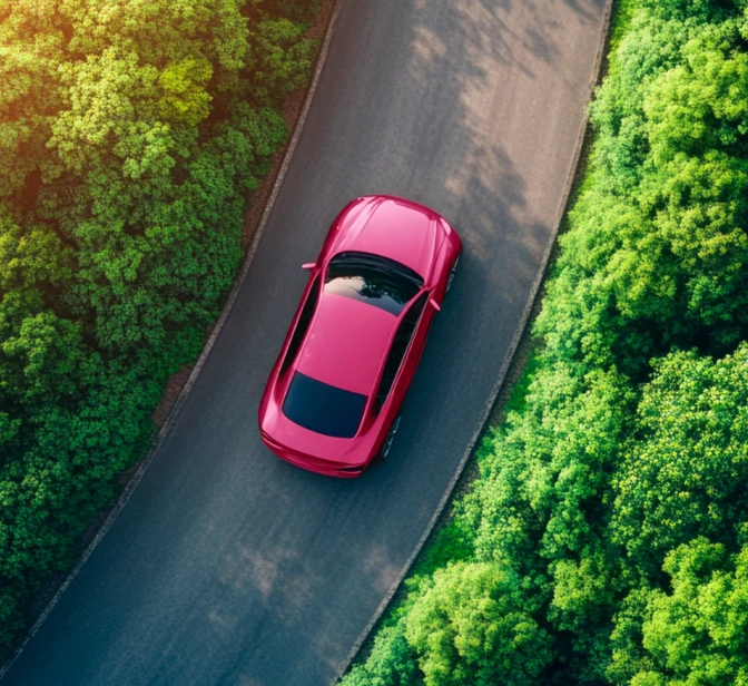 Vista aérea de um carro cor-de-rosa escuro a circular numa estrada rodeada por uma floresta verde