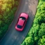 Vista aérea de um carro cor-de-rosa escuro a circular numa estrada rodeada por uma floresta verde