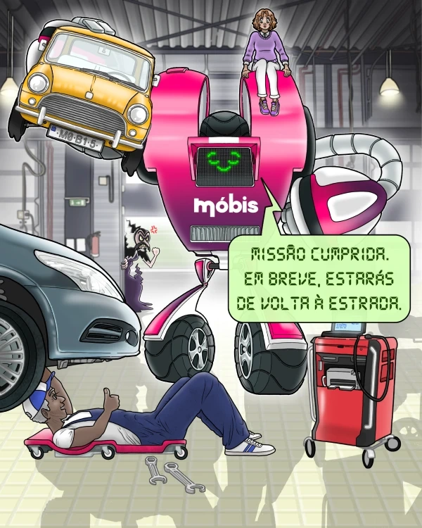 Super-herói Móbis leva carro e condutora à oficina e diz: "Missão cumprida