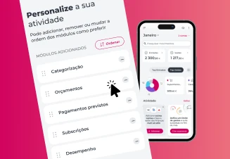 Smartphones exibe ecrã do Gerir da App Millennium, e outro ecrã mostra a possibilidade de personalizar a sua apresentação