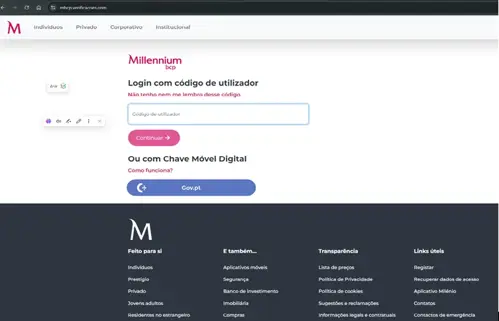 Ecrã com página falsa a imitar página do Millennium bcp