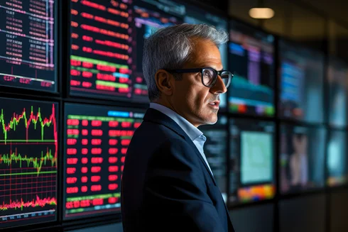 man wearing glasses in a room with investment screens