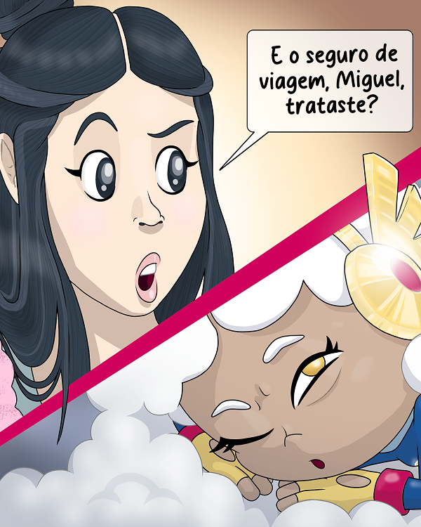 Mulher pergunta preocupada pelo seguro de viagem e o super-herói ON/OFF acorda da sua sesta