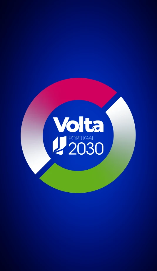 Logotipo "Volta Portugal 2030" num fundo azul