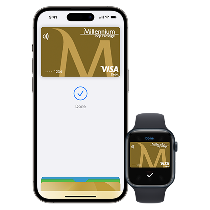mobile phone with Apple Pay screen displaying a Prestige card and an iWatch with an image of a Prestige debit card