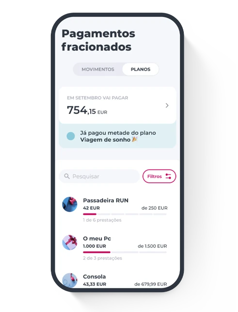 Ecrã dos meus pagamentos fracionados na App Millennium