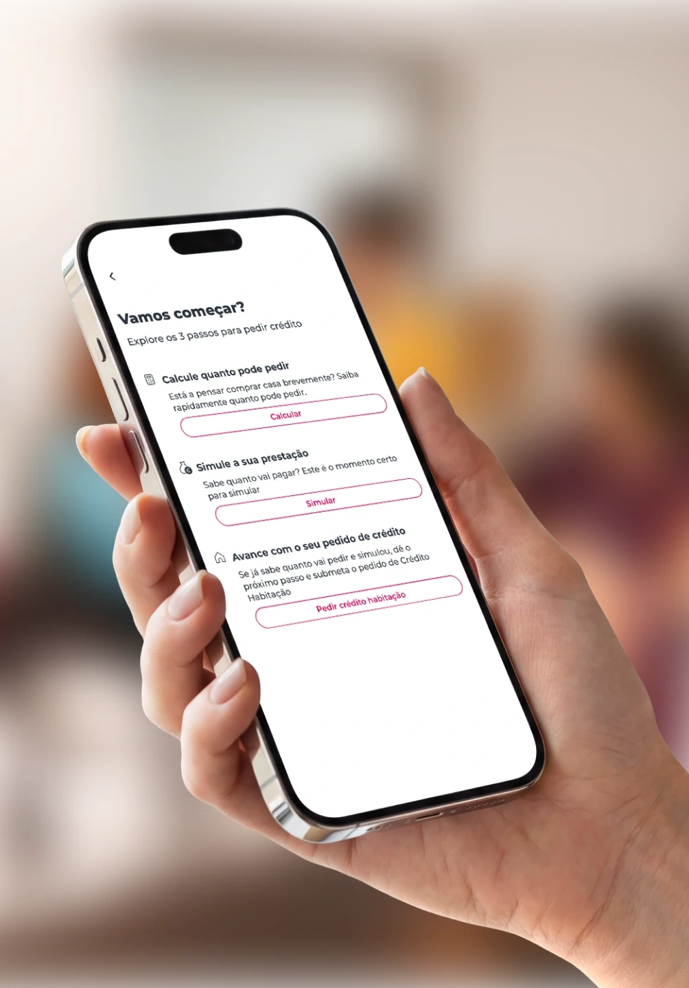 Ecrã da App Millennium com os 3 passos para pedir crédito habitação
