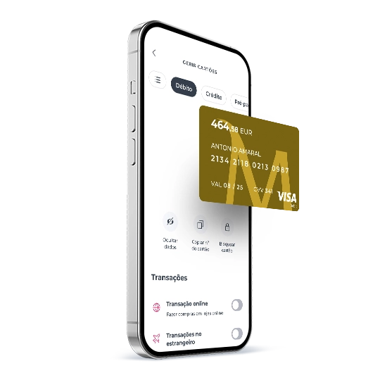 phone displaying Millennium App with Prestige debit card on top