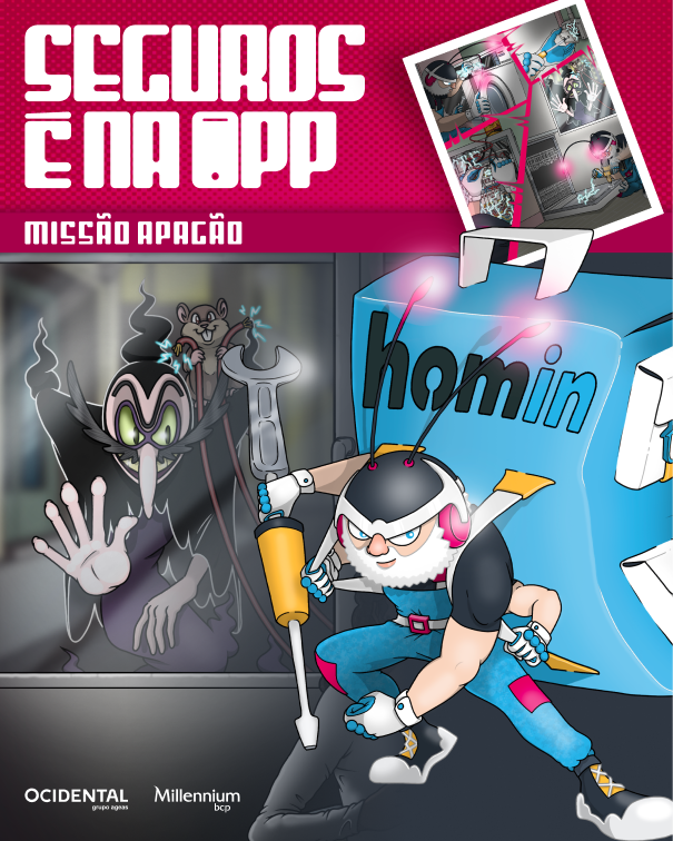 Capa da BD "Missão Apagão" com o herói HOMIN. Seguro disponível na App Millennium.