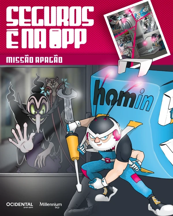 Capa da BD "Missão Apagão" com o herói HOMIN. Seguro disponível na App Millennium.