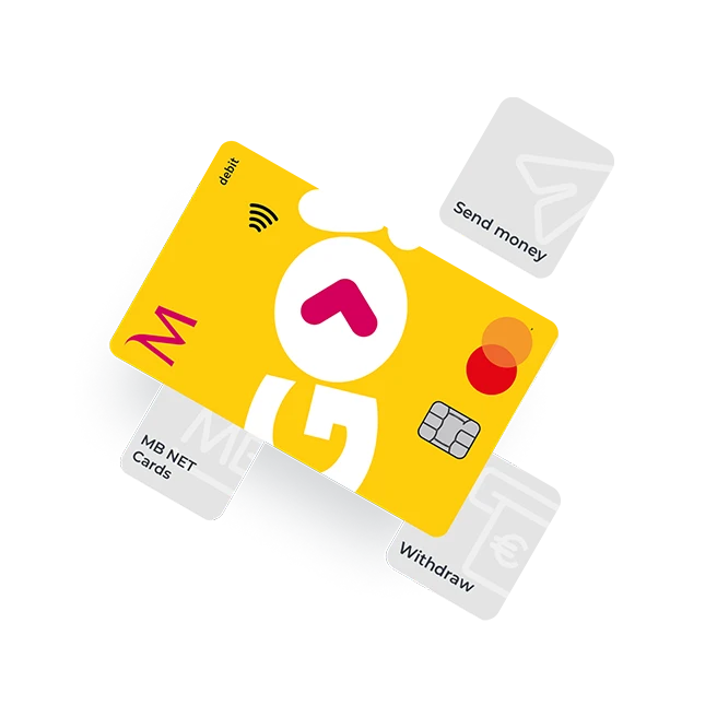 GO! Debit card image with MB NET symbols: MB NET cards, Withdraw and Send money