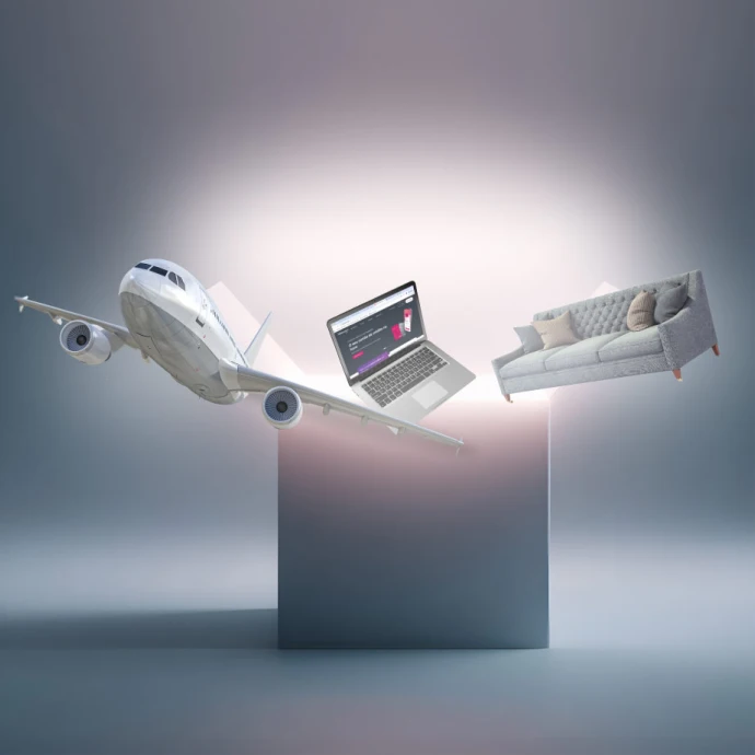 Illustration featuring a computer with the Millennium BCP website on the screen, an airplane taking off, and a sofa