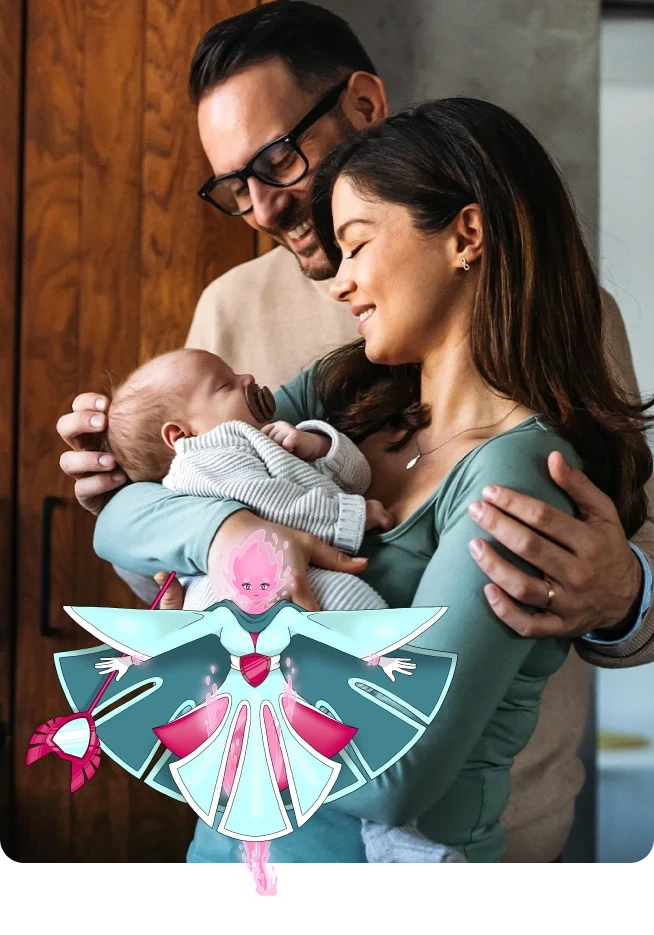 A super-heroína YOLO! a proteger um casal feliz com o seu bebé