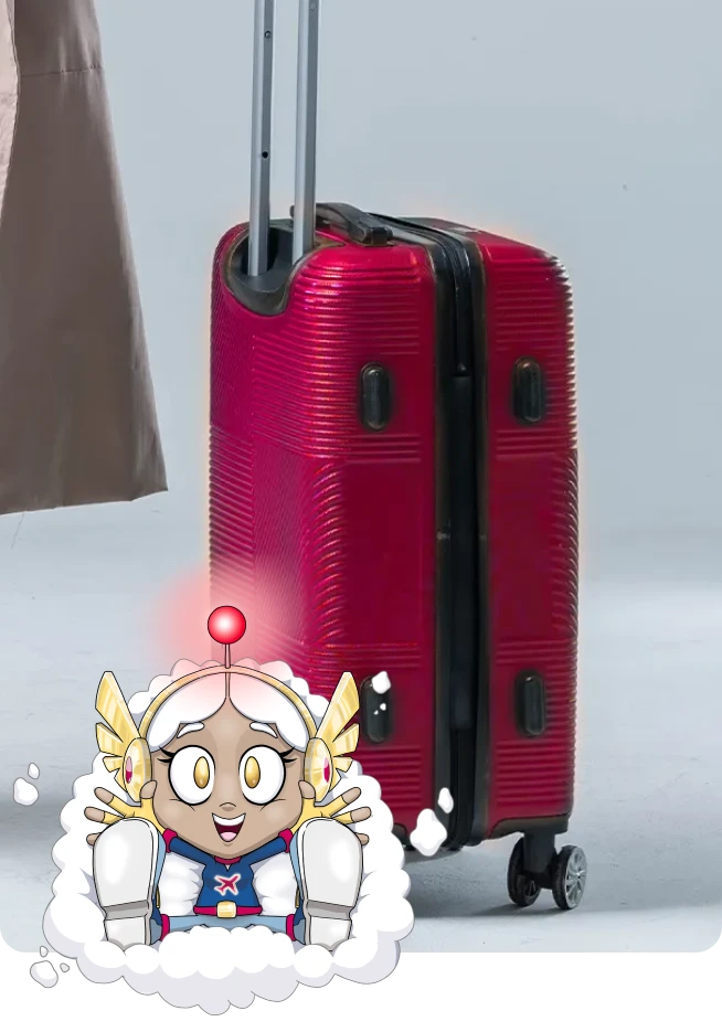 Super-herói ON/OFF flutua sorridente em frente a uma mala de viagem vermelha