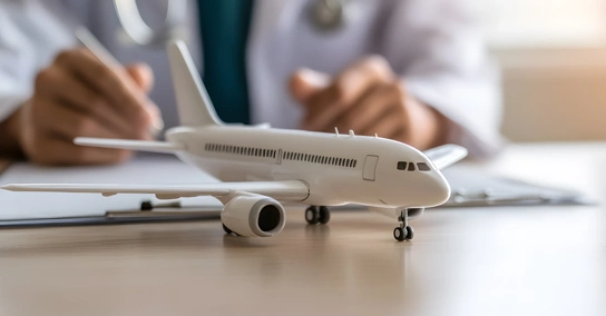 Médico a preencher formulário com um avião de brincar em primeiro plano