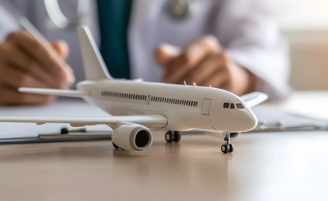 Médico a preencher formulário com um avião de brincar em primeiro plano