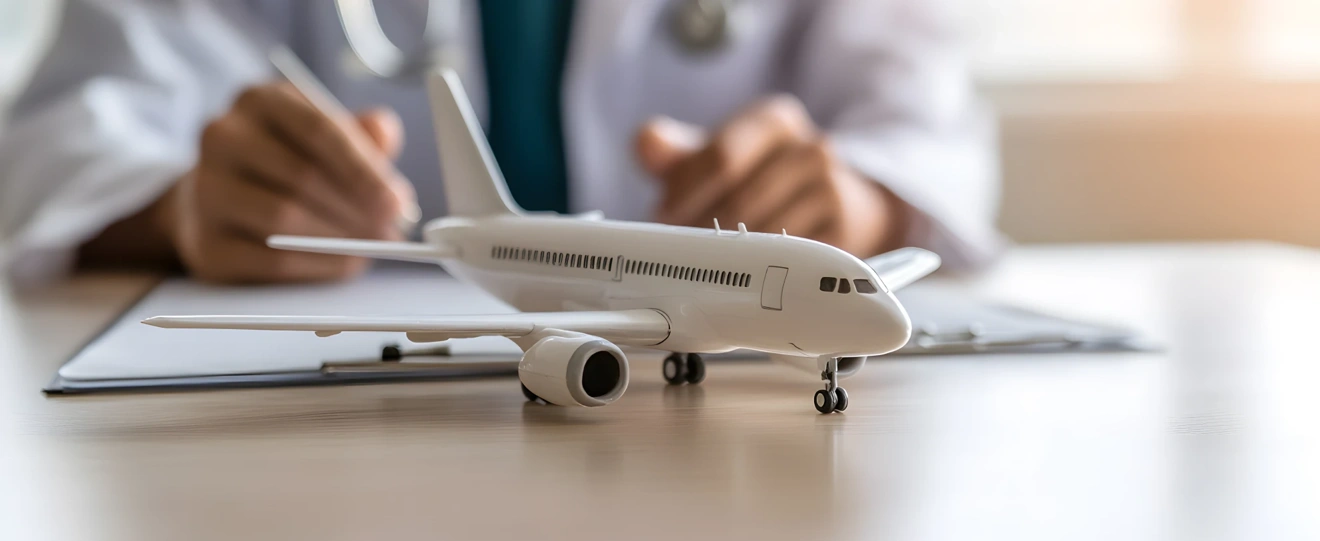 Médico a preencher formulário com um avião de brincar em primeiro plano