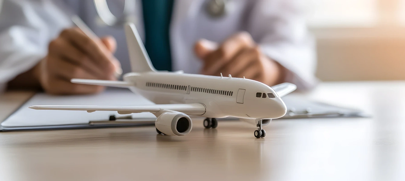 Médico a preencher formulário com um avião de brincar em primeiro plano
