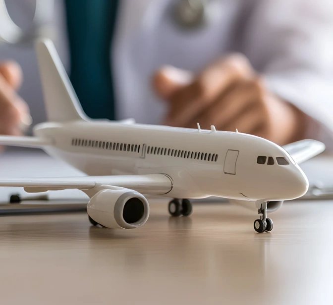 Médico a preencher formulário com um avião de brincar em primeiro plano