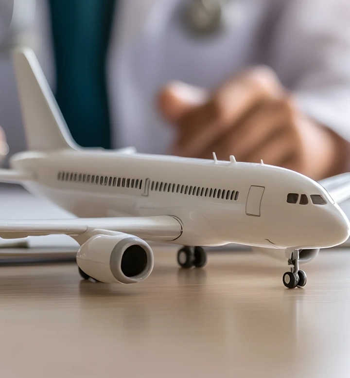 Médico a preencher formulário com um avião de brincar em primeiro plano