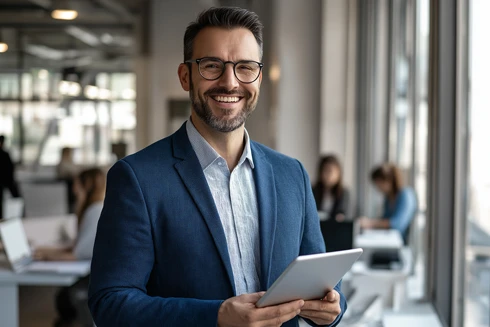 Smiling man in an office, holding a tablet