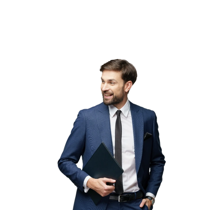 man in a blue suit and tie, holding a briefcase