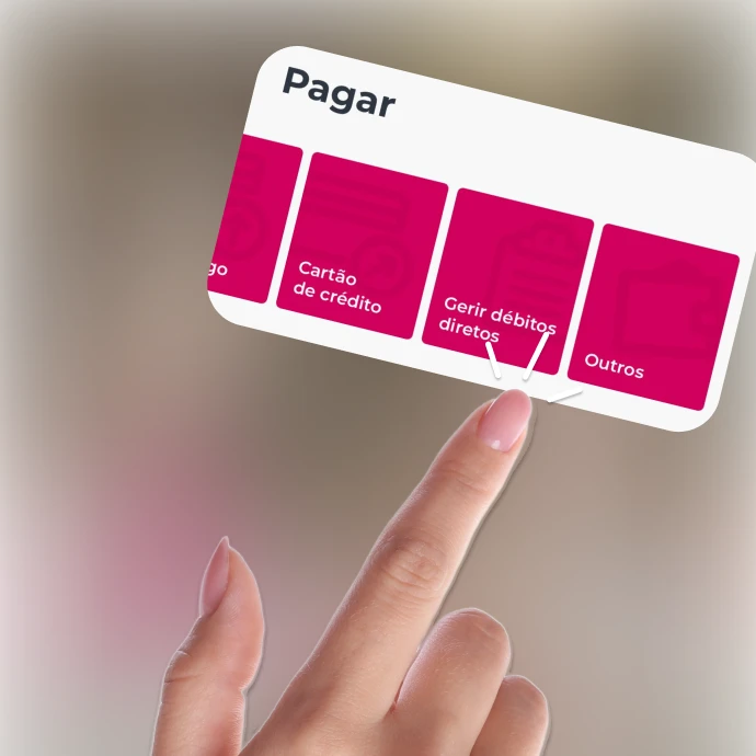 Dedo indicador a clicar na caixa cerise "Gerir débitos direitos"