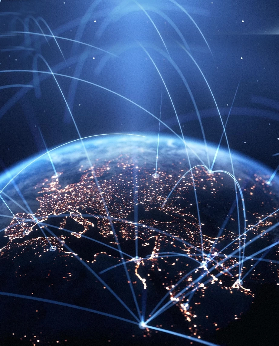 Planeta Terra com uma rede global de ligações a conectar os continentes
