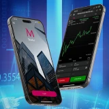 Dois smartphones com a app de trading MTrader e gráfico financeiro sobre fundo digital azul