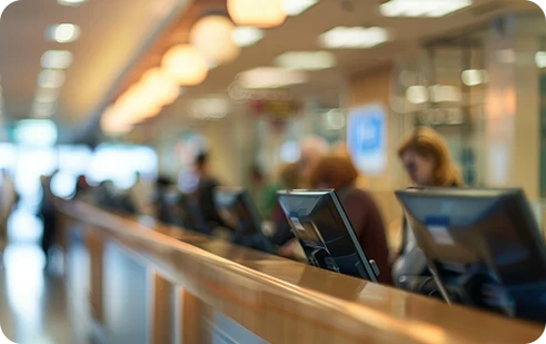 imagem desfocada de grande bancada com vários computadores e pessoas a trabalhar