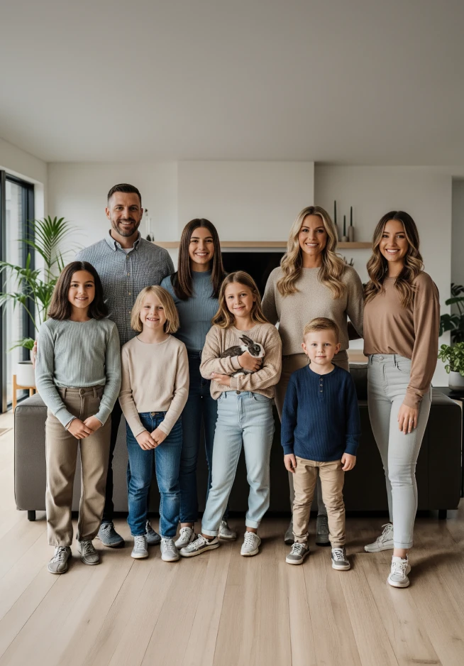 Large family with parents and six children posing for a photograph in the living room