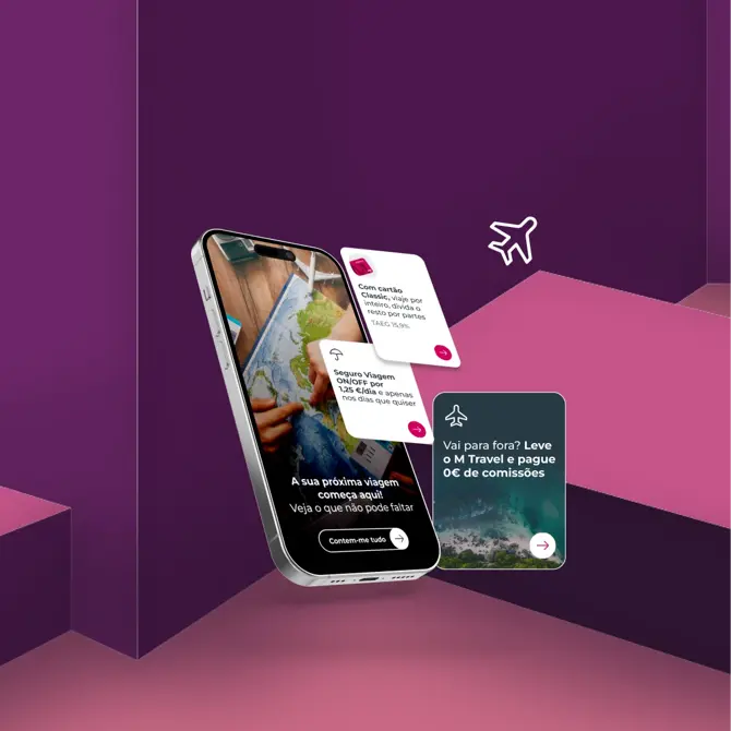 Ecrã da App Millennium com funcionalidades do Kit Viagem e a frase "A sua próxima viagem começa aqui"