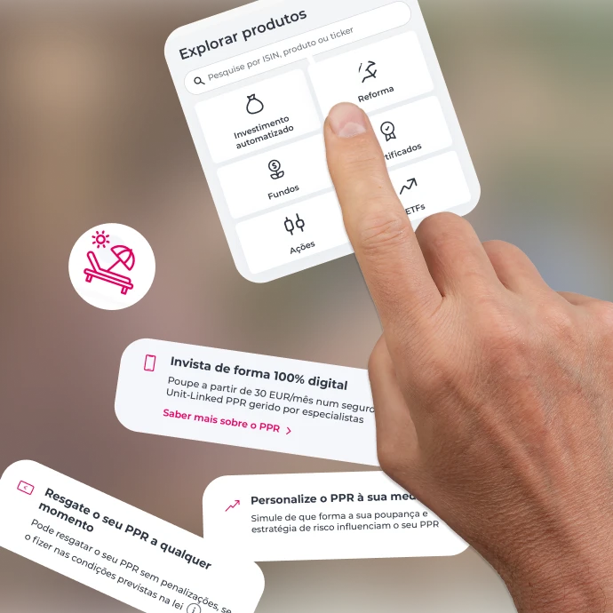 Dedo a clicar no botão "Reforma" que se encontra dentro do widget "Explorar produtos" de investimento