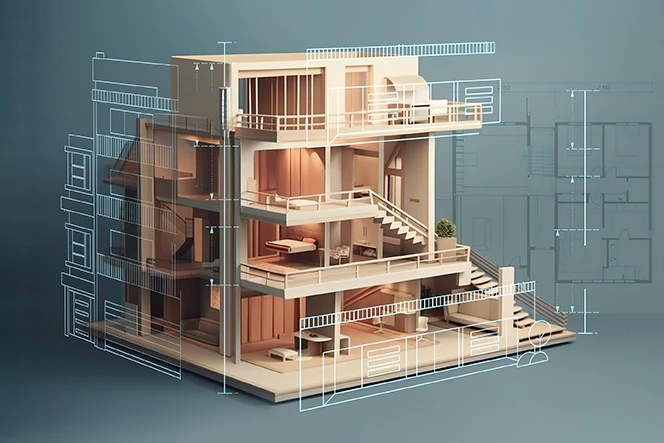 ilustração de maquete de casa com plantas do projeto