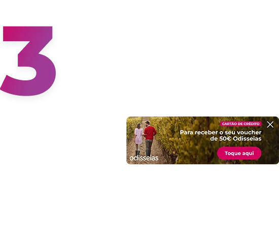 Número 3 na cor roxa e um banner app relativo à campanha com o texto "Cartão de crédito Para receber o seu voucher de 50€ Odisseias Toque Aqui"