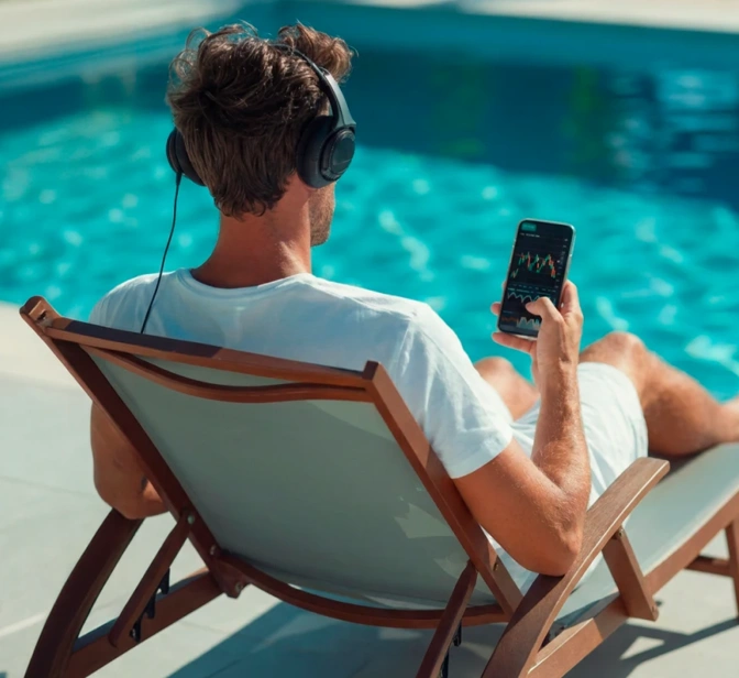 Homem numa espreguiçadeira a consultar um gráfico de investimentos na App Millennium
