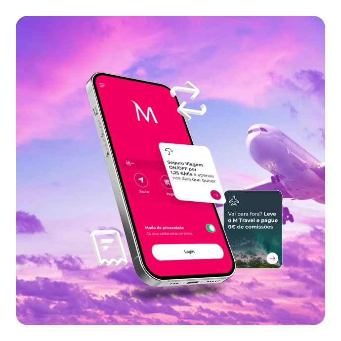 Ecrã da App Millennium com notificações de seguro de viagem ON/OFF e M Travel, com um avião ao fundo
