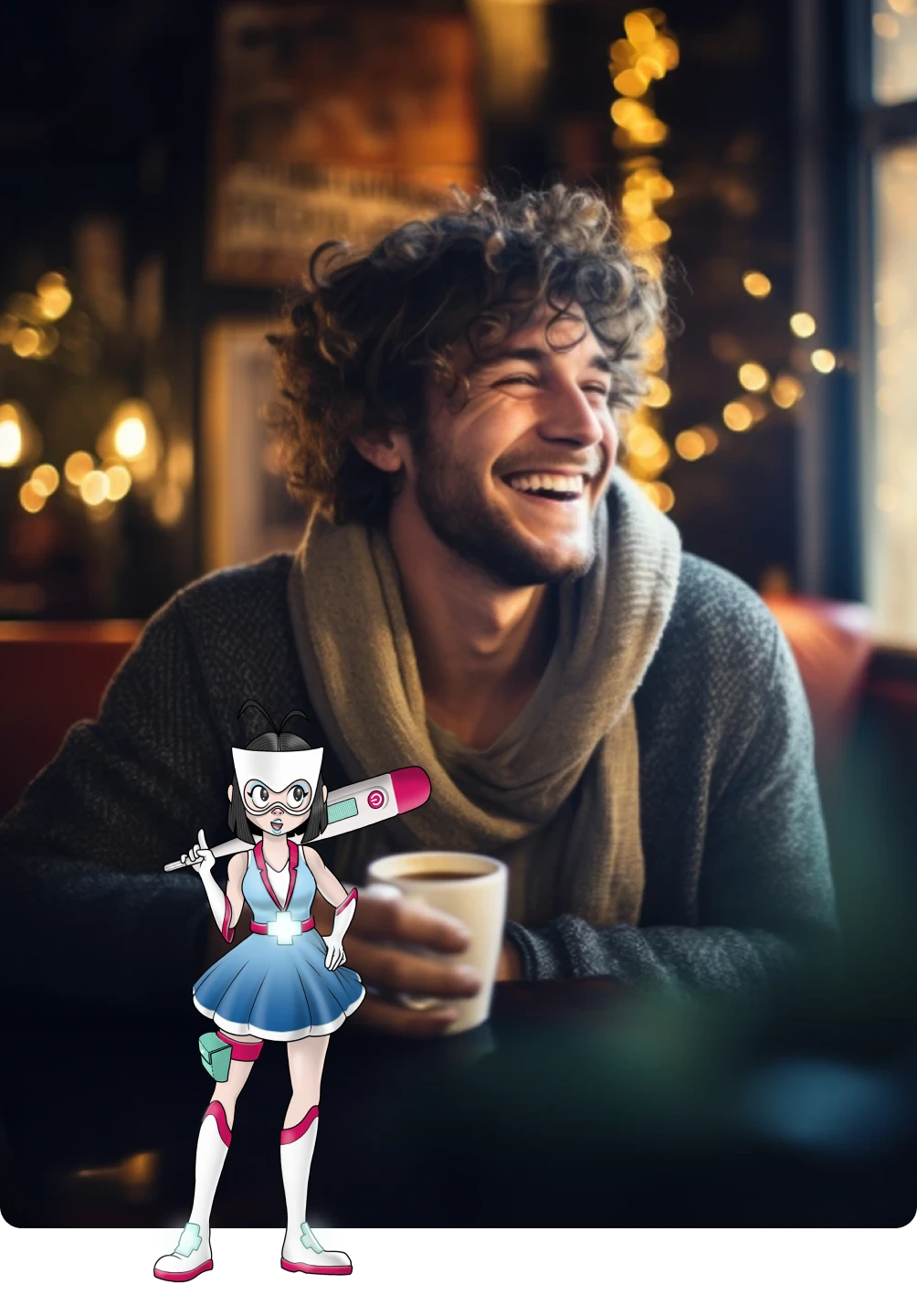 A heroína Médis Light sobreposta a uma foto de um homem sorridente num café.