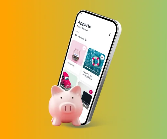 Telemóvel com a área Apparte da App Millennium, e um porquinho mealheiro à sua frente