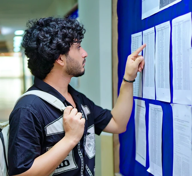 Jovem estudante a consultar pautas num quadro de avisos