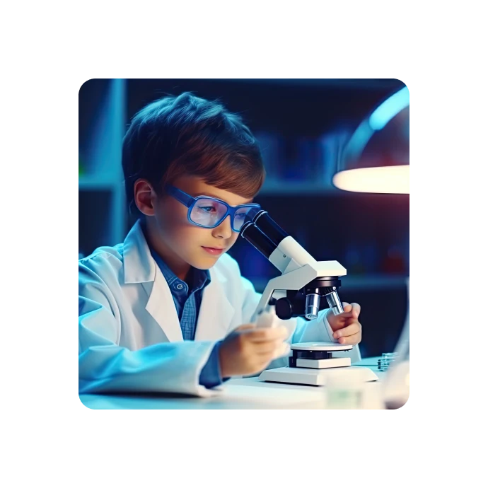Rapaz de 8 anos com uma bata de laboratório a olhar pela lente de um microscópio