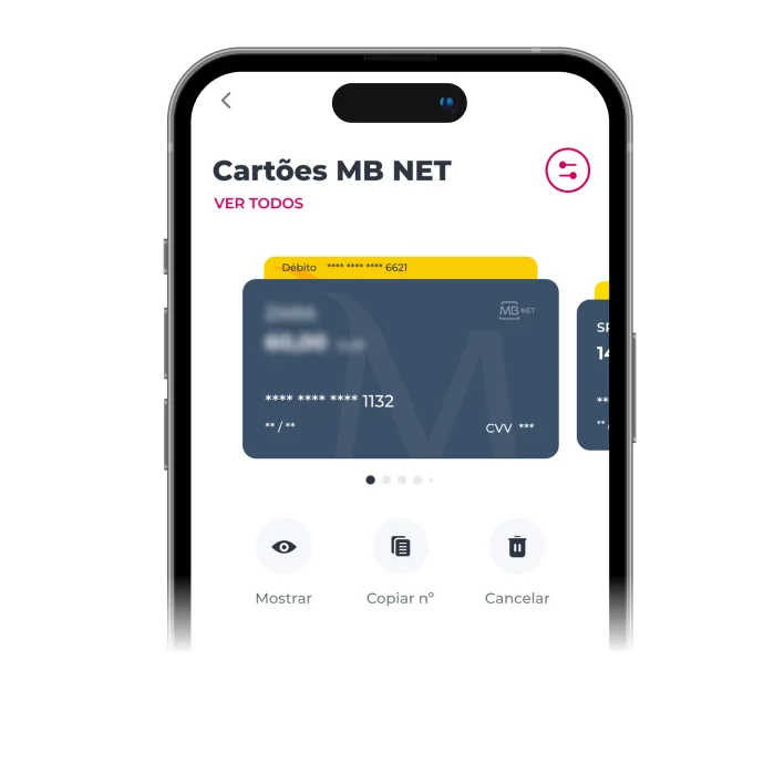 Área de cartões MB NET da App Millennium no ecrã de um smartphone