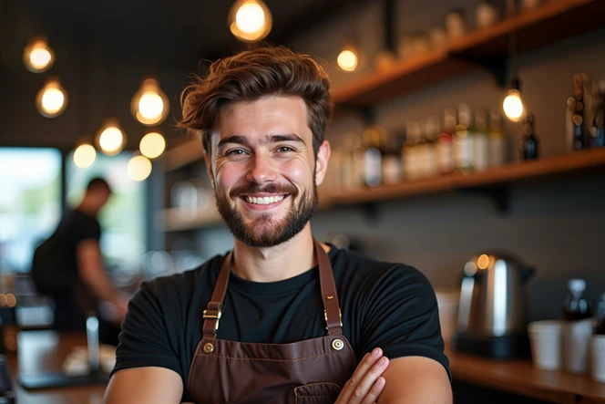 homem sorridente com avental, num café