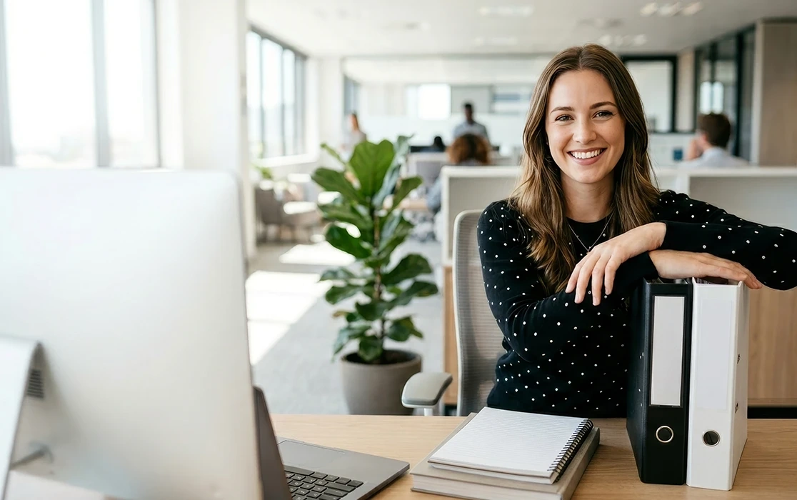 Smiling woman sitting at a desk in an office