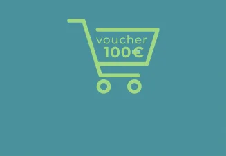 Ícone de um carrinho de compras na cor verde, sob um fundo de cor azul água, e o texto "voucher 100€"
