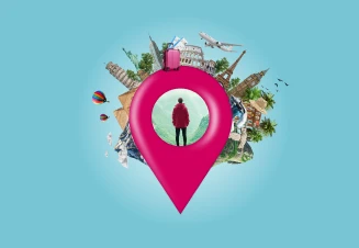 Pessoa numa marca de localização rosa com ícones de viagens ao fundo