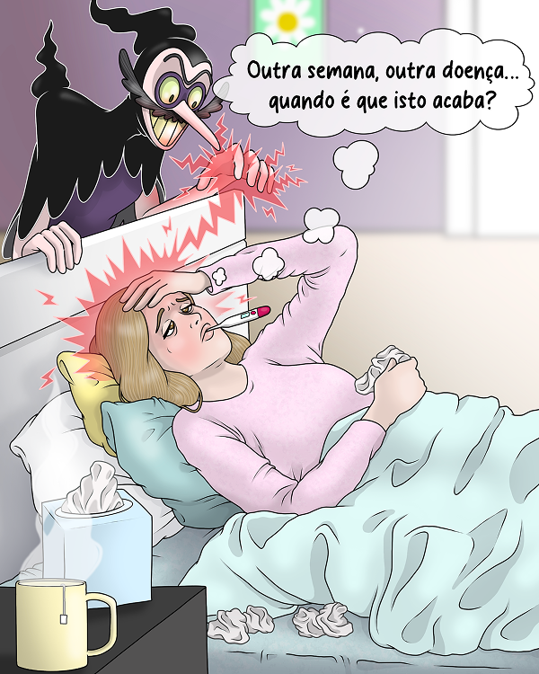 Um vilão atormenta uma mulher doente na cama, que se sente desesperada.